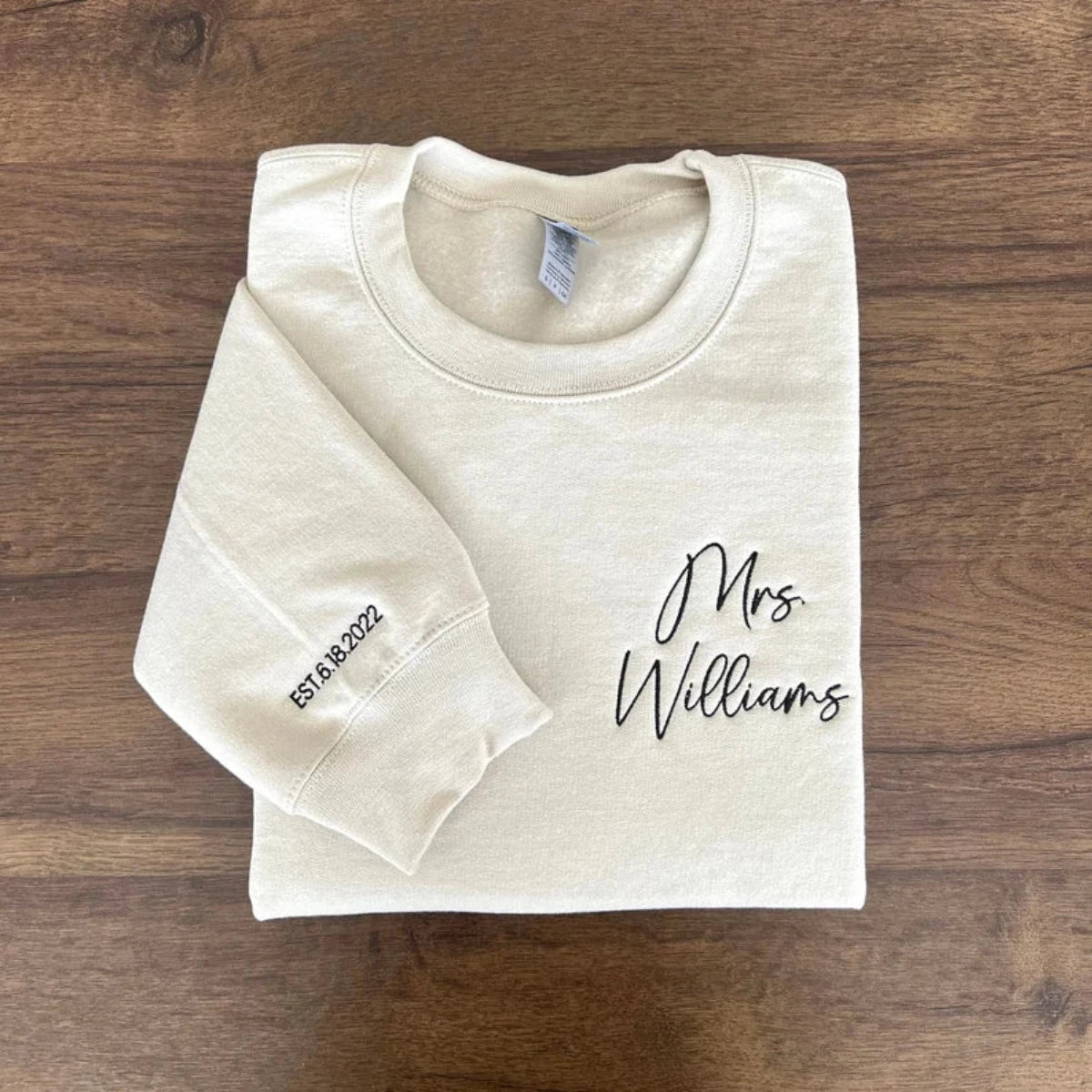 Personalized Future Mrs Sweatshirt Embroidered with Anniversary Date Text Name Initial Heart on Sleeve - Embroly