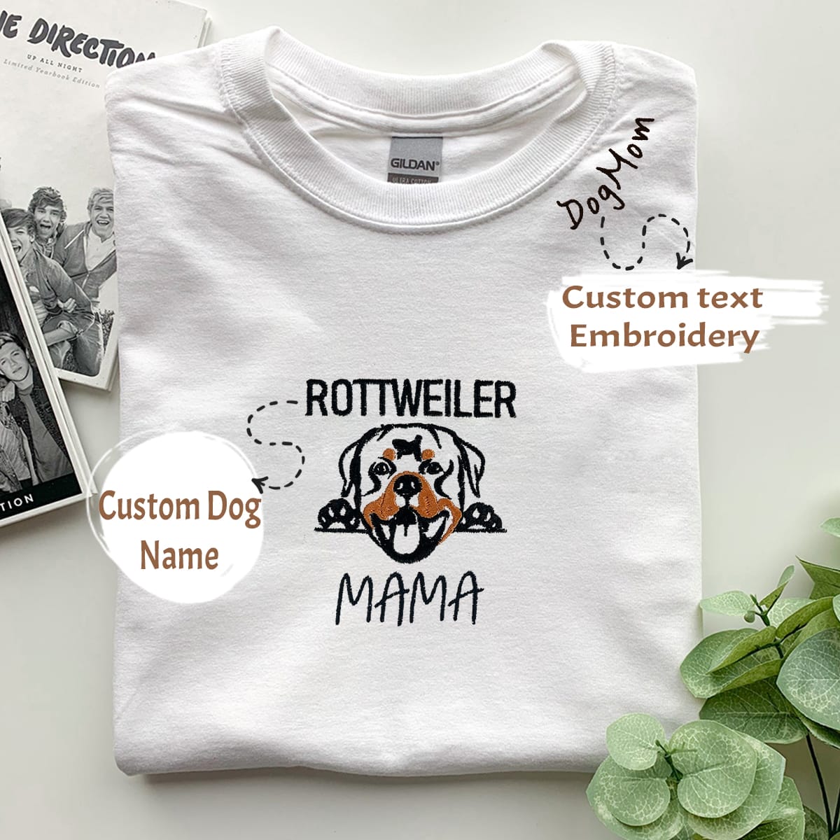 Personalized Rottweiler Dog Mama Shirt with Dog Name & Embroidered Collar, Best Gifts For Rottweiler Lovers