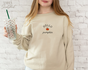 Embroidered Pumpkin Sweatshirt, Hello Pumpkin Fall Thanksgiving Hoodie