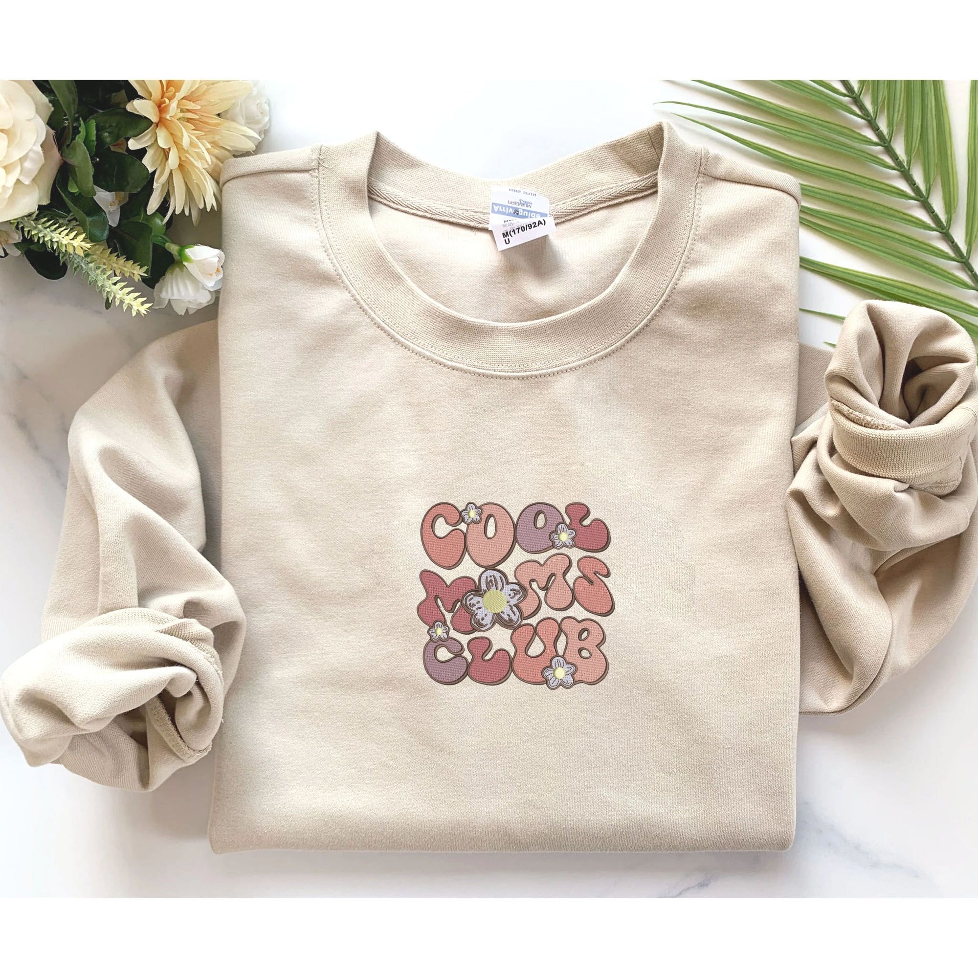 Custom Embroidered Cool Mom Club Sweatshirt, Personalized Crewneck With Initial On Sleeve