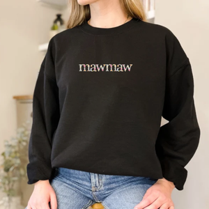Custom Embroidered Floral Mawmaw Sweatshirt, Personalized Crewneck with Initial Or Icon On Sleeve