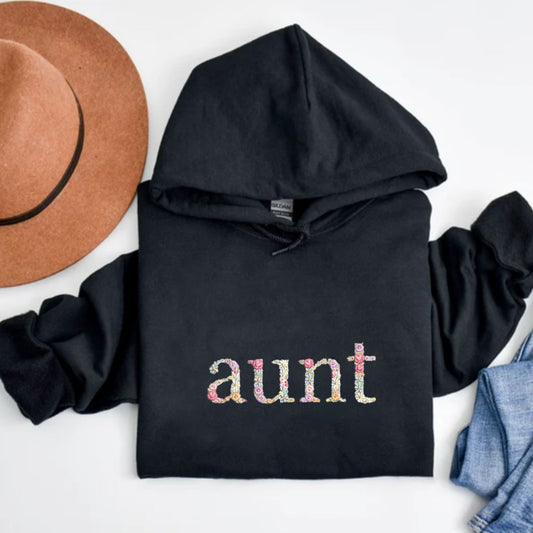 Custom Embroidered Hoodie For Aunt, Personalized Hood With Initial On Sleeve, Unique Gift For Aunt - Embroly