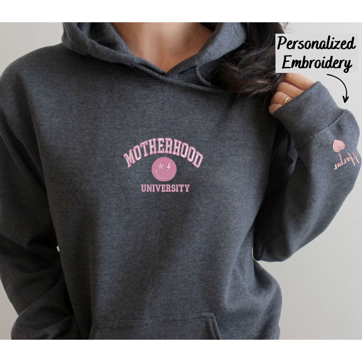Custom Embroidered Motherhood University Hoodie, Personalized Hoodie With Icon - Embroly