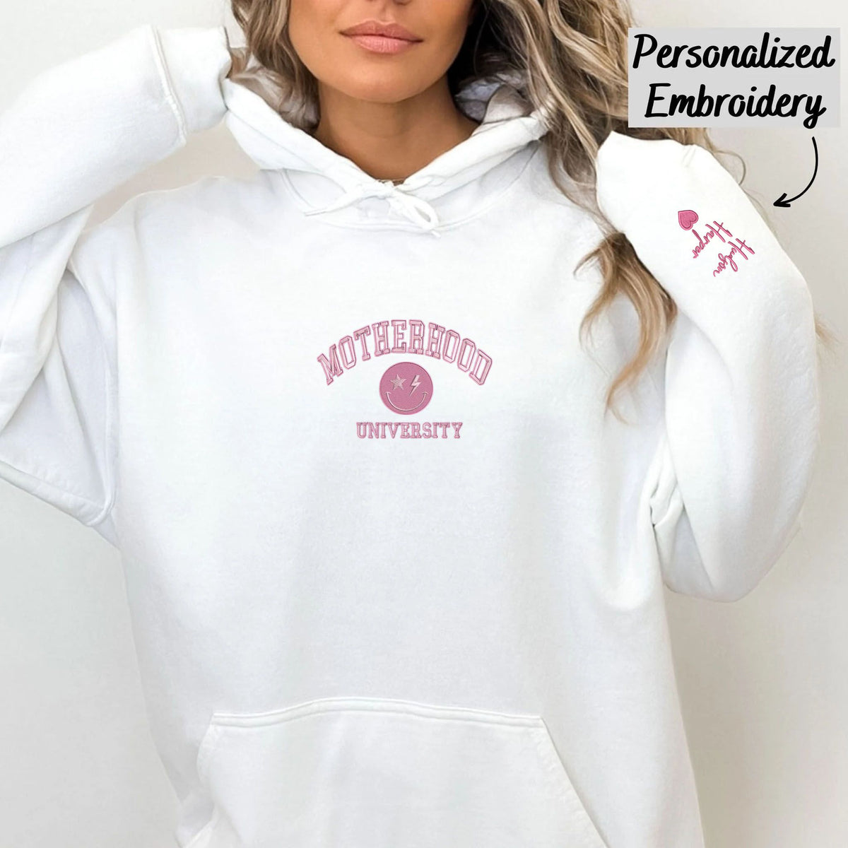 Custom Embroidered Motherhood University Hoodie, Personalized Hoodie With Icon - Embroly