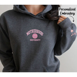 Custom Embroidered Motherhood University Hoodie, Personalized Hoodie With Icon