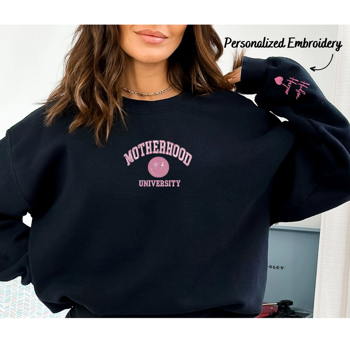 Custom Embroidered Motherhood University Sweatshirt, Personalized Crewneck With Icon - Embroly
