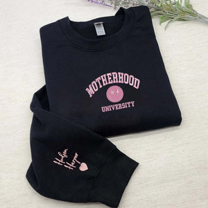 Custom Embroidered Motherhood University Sweatshirt, Personalized Crewneck With Icon