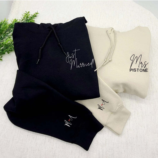 Custom Embroidered Mr and Mrs Hoodie, Personalized Just Married Hoodie With Initial On Sleeve