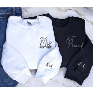 Custom Embroidered Mr and Mrs Sweatshirt,Personalized Just Married Crewneck With Initial On Sleeve