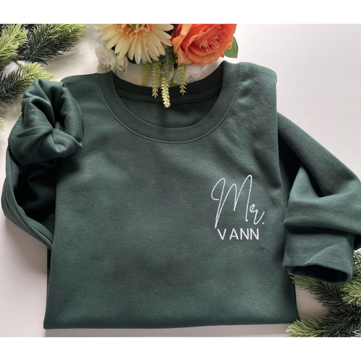 Custom Embroidered Mr and Mrs Sweatshirt With Icon On Sleeve, Mr And Mrs Gift Ideas