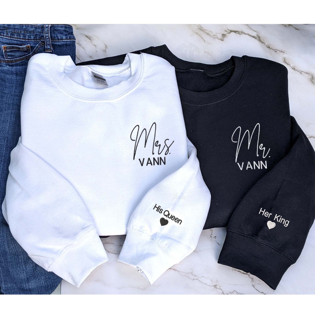 Custom Embroidered Mr and Mrs Sweatshirt Best Mr And Mrs Gift Personalized Shirt With Icon On Sleeve Embroly