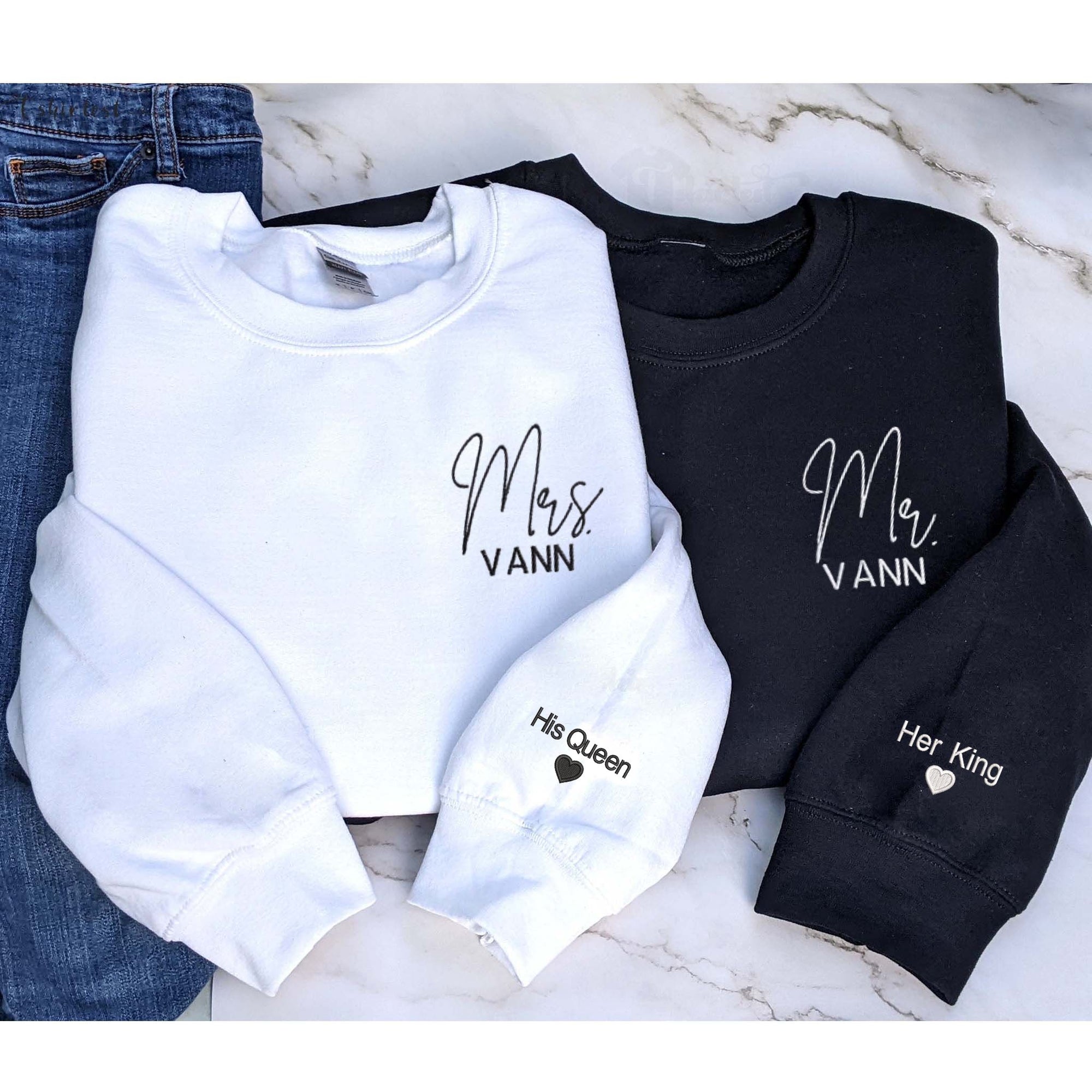 Custom Embroidered Mr and Mrs Sweatshirt With Icon On Sleeve, Mr And Mrs Gift Ideas