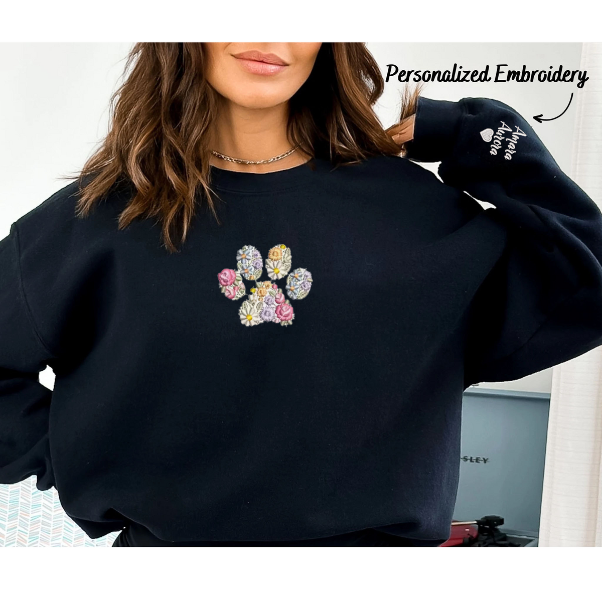 Custom Embroidered Pet Paw Sweatshirt, Floral Embroidered Letters Crewneck, Best Gift For Pet Owner - Embroly