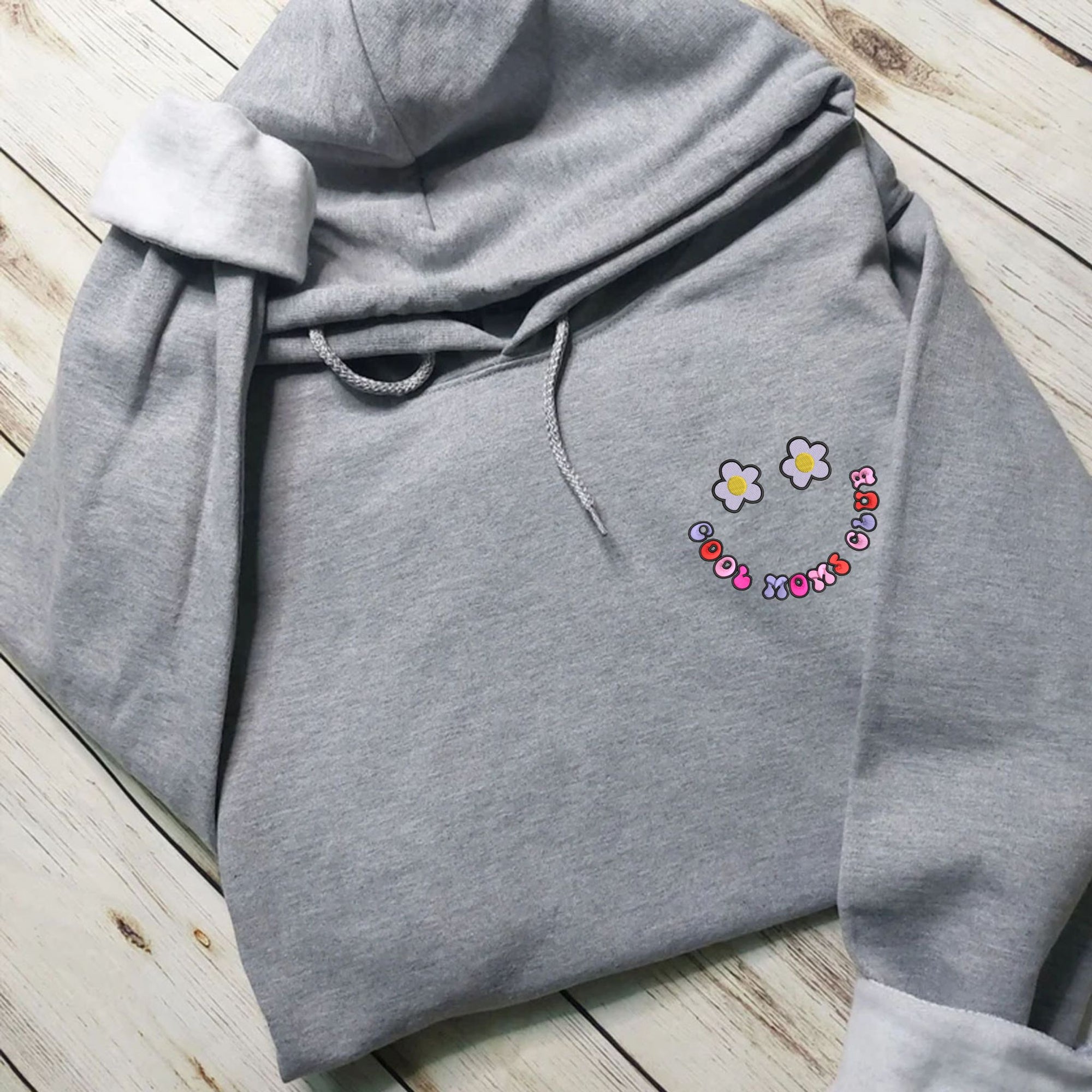 Custom Embroidered Smiley Face Cool Mom Club Hoodie, Personalized Hoodie With Icon Or Initial On Sleeve