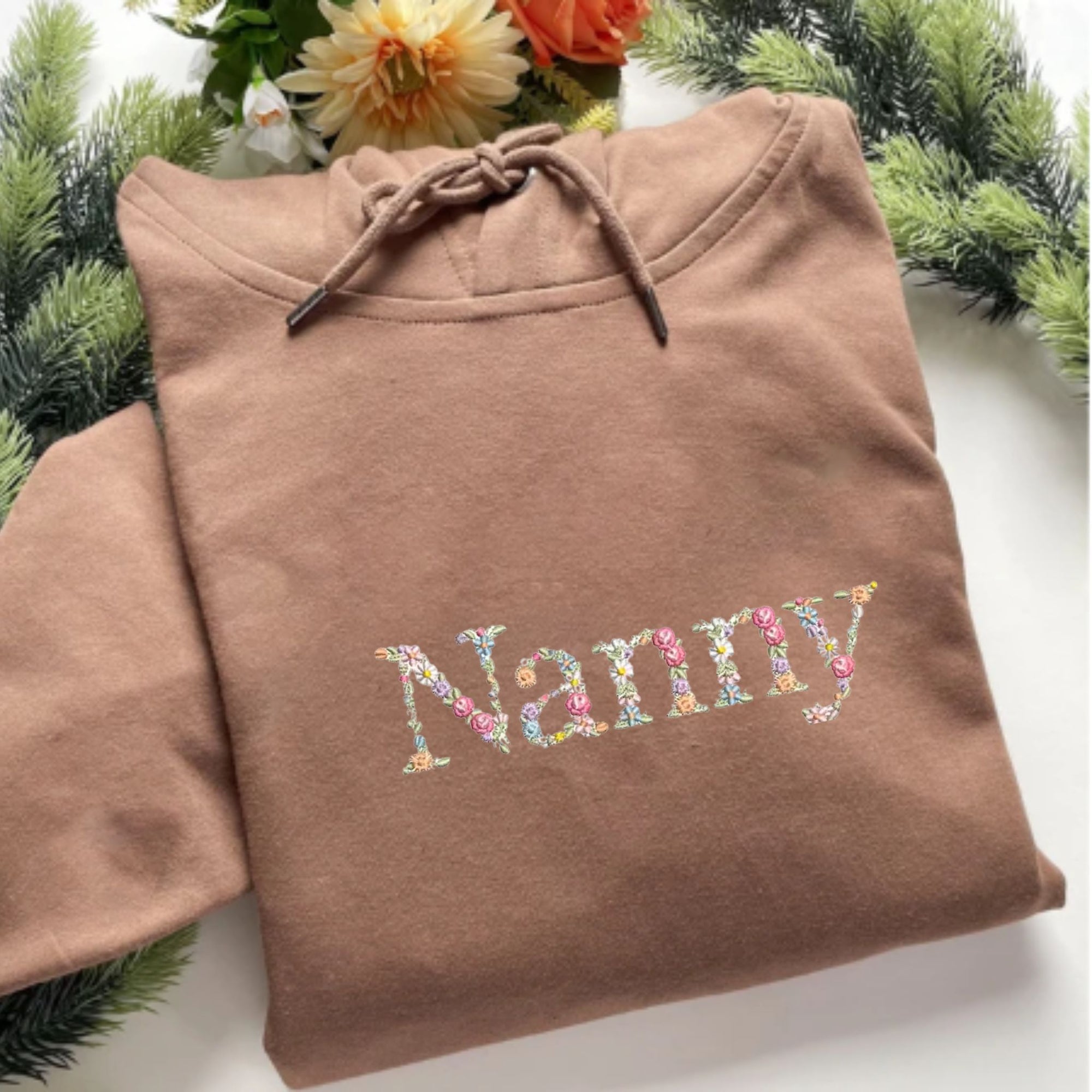 Custom Emroidered Floral Nanny Hoodie, Personalized Hood With Initial Or Icon On Sleeve, Unique Nanny Gift Ideas