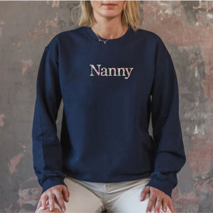 Custom Emroidered Floral Nanny Sweatshirt, Personalized Crewneck With Initial Or Icon On Sleeve, Unique Nanny Gift Ideas