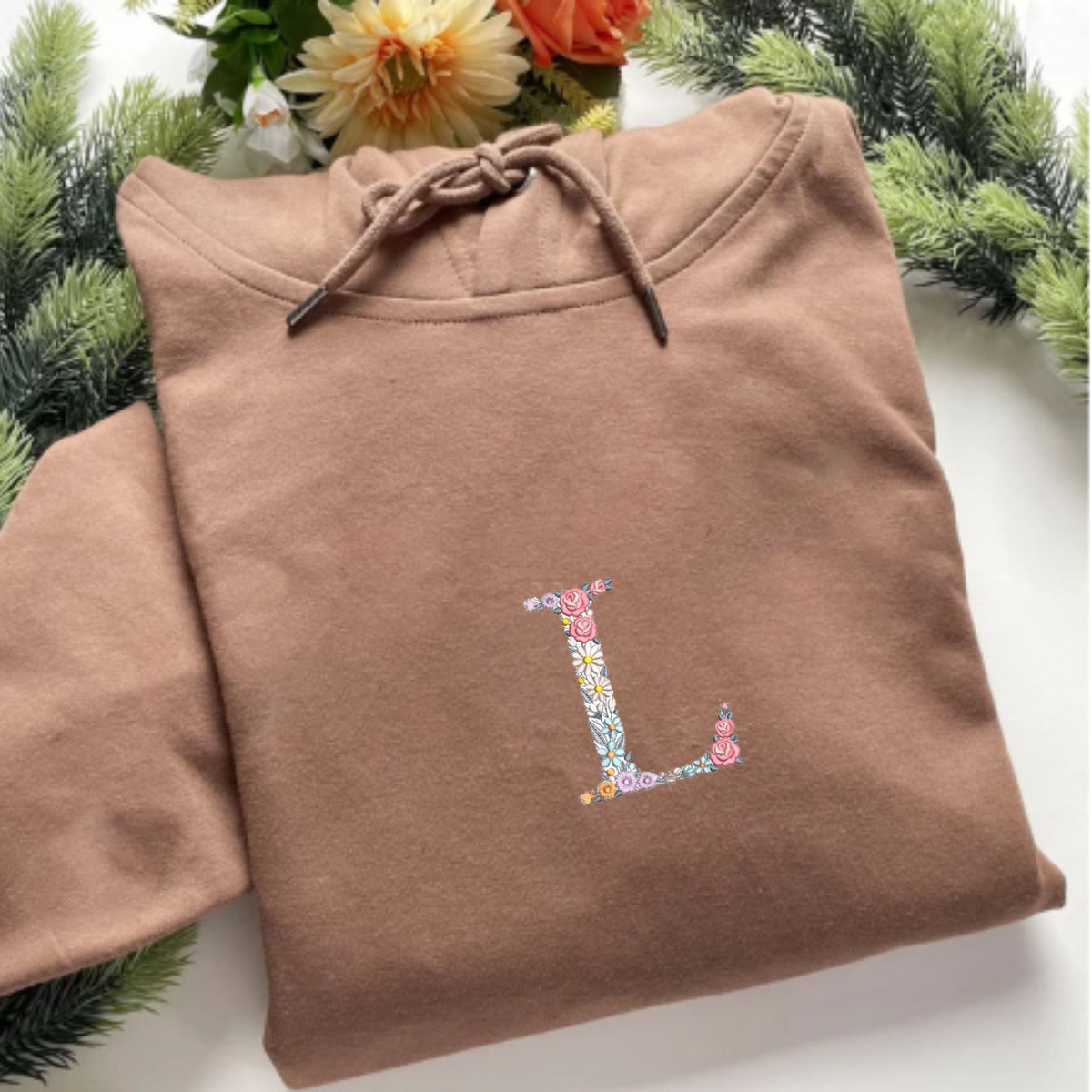 Personalized Floral Letter Hoodie, Embroidery Upper Letter with