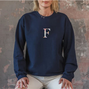Custom Floral Letter Embroidery Sweatshirt, Upper Letter with Flower Tee, Unique Gift For Mom