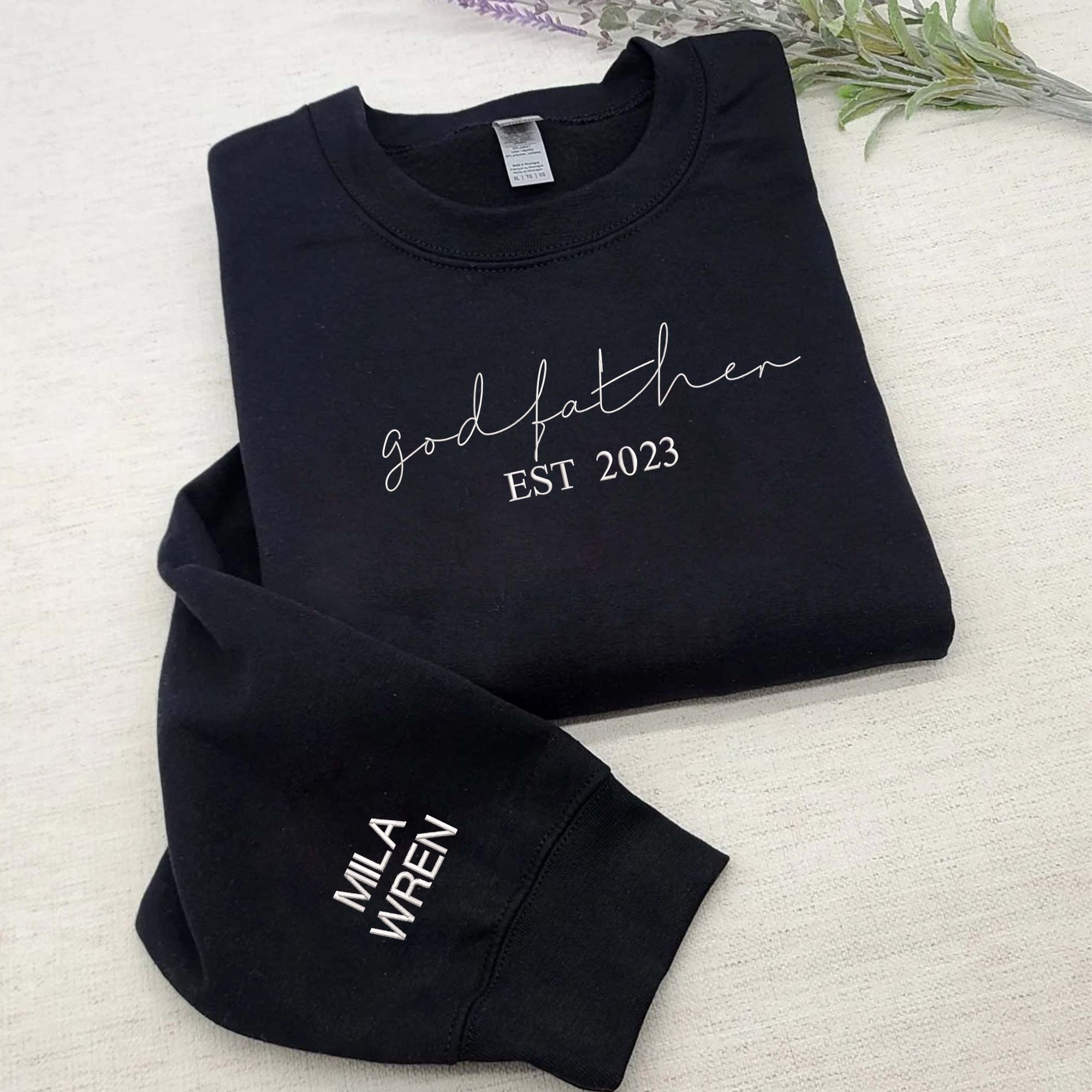 Custom God Father EST Sweatshirt With Kids Name On Sleeve, Best Godfather Gifts From Godson