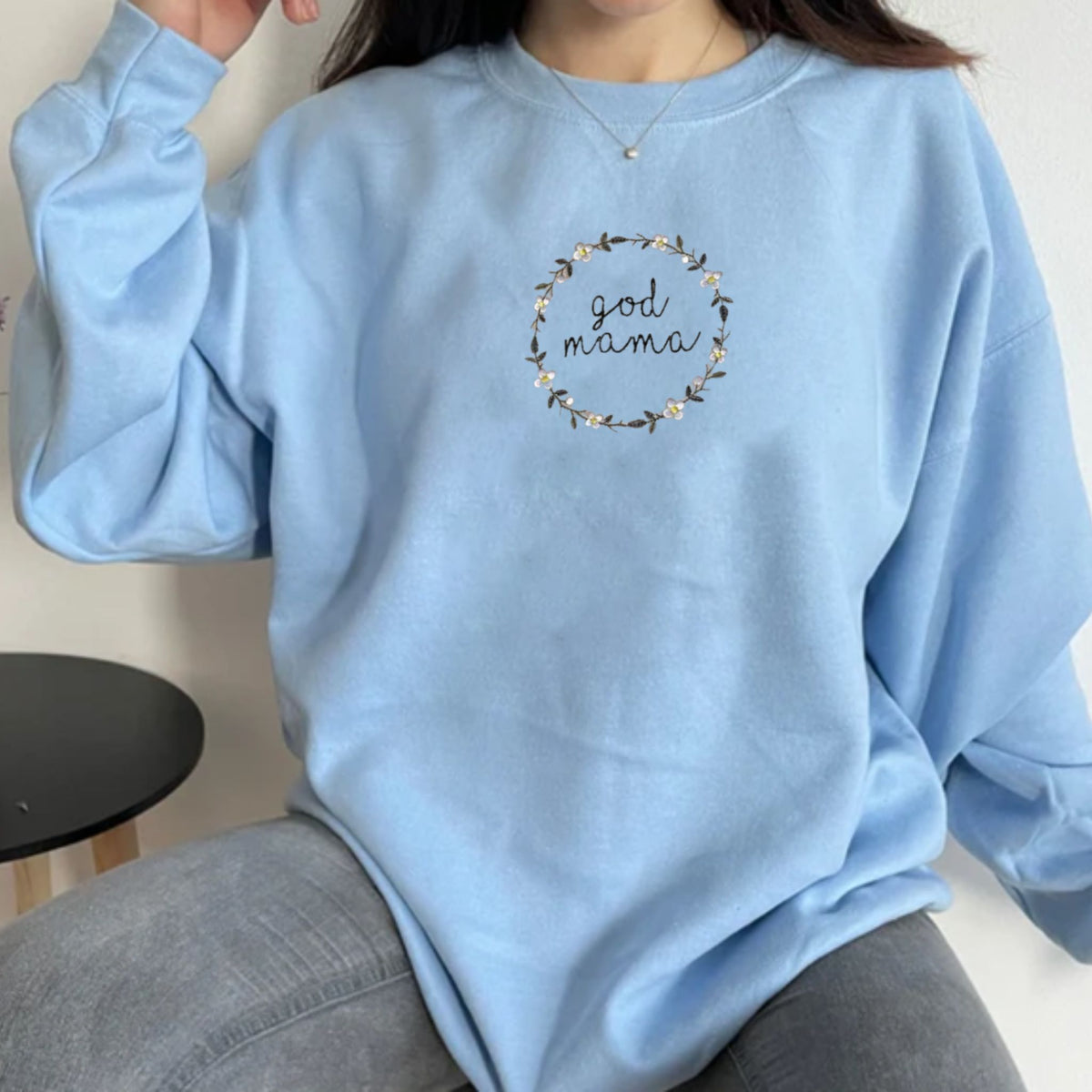 Custom God Mother Embroidery Sweatshirt, Personalized Crewneck On The Sleeve, Best Gift For Mother Day's