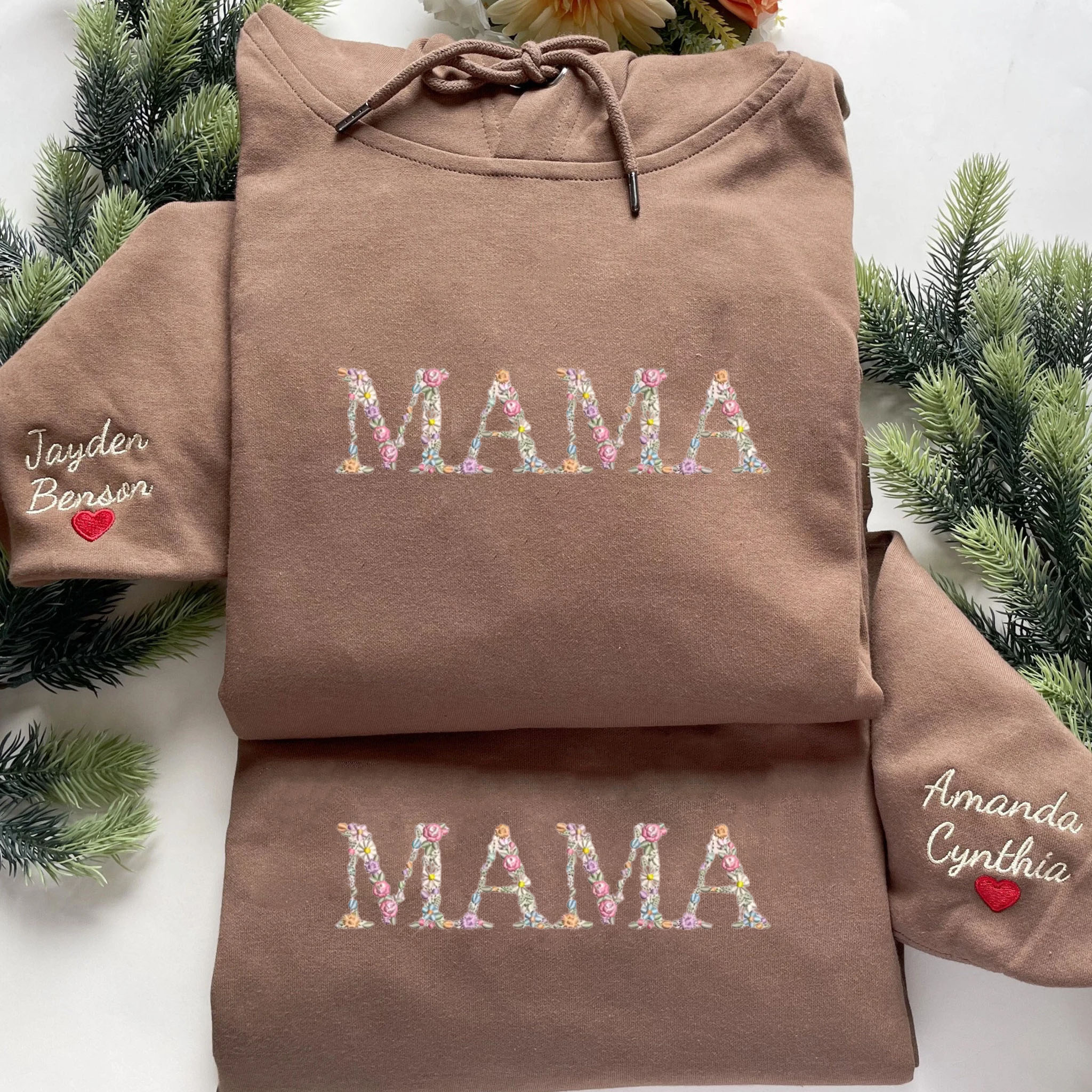Custom Embroidery Hoodie with Mama Text, Trendy New Mom Gifts, Embroidery Flower Letters Sand / M