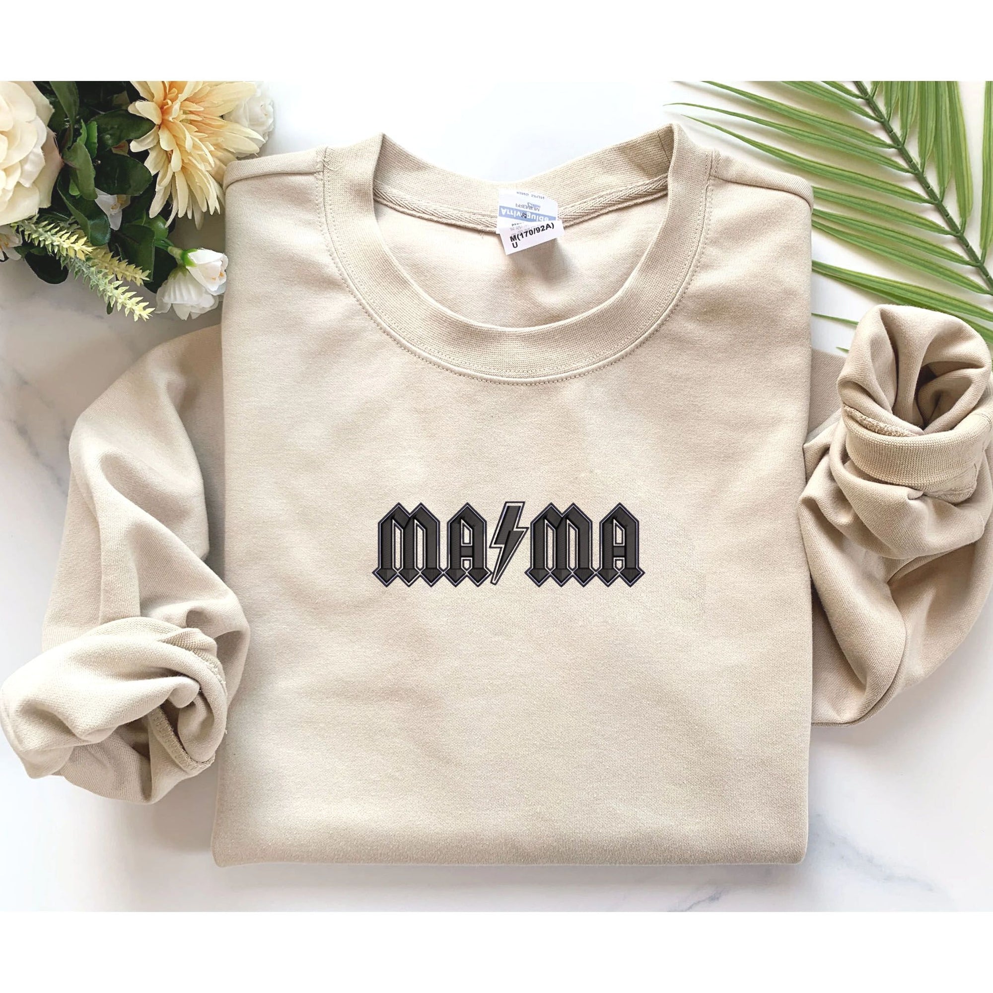 Custom Mama Lightning Bolt Embroidery Sweatshirt, Personalized Crewneck With Initial On Sleeve