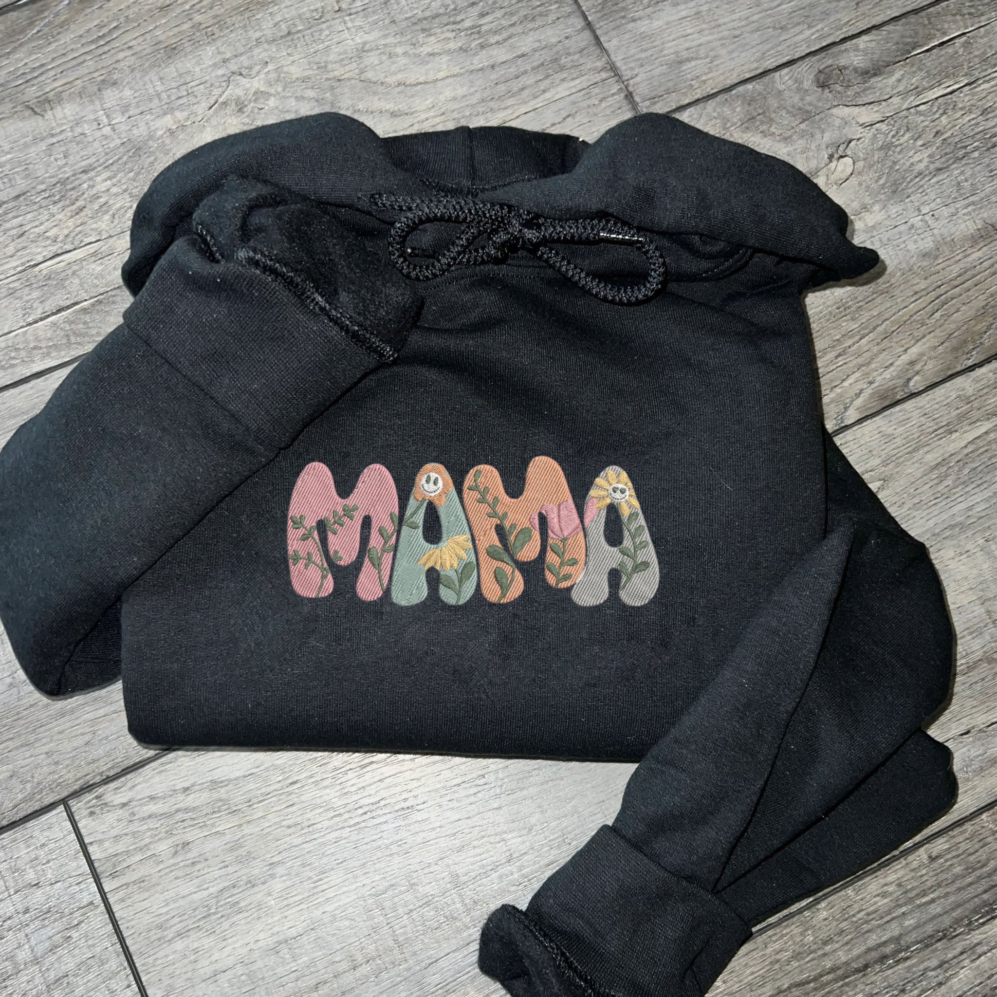 Custom Embroidery Hoodie with Mama Text, Trendy New Mom Gifts, Embroidery Flower Letters Sand / M