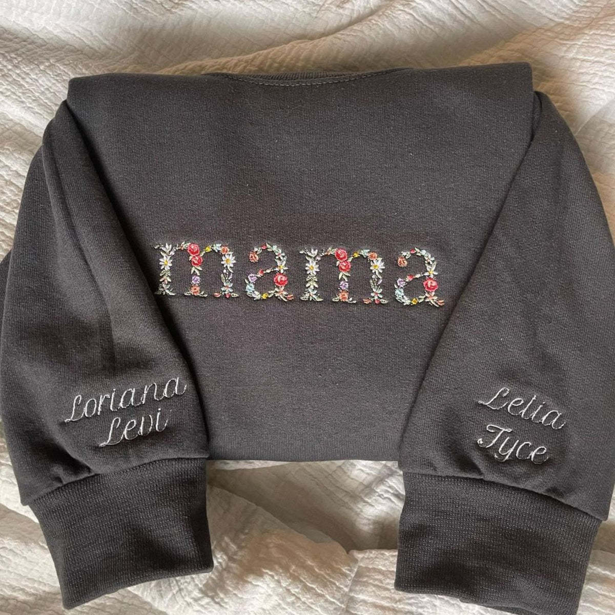 Floral Mama Embroidered Hoodie With Kid's Name on Sleeve, Mother's Day Gift - Embroly