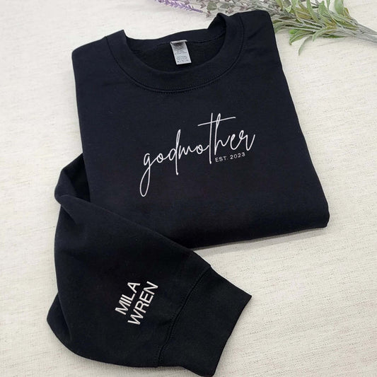 God Mother Sweatshirt with Personalized Embroidered EST, Kids Names on Sleeve, Best Godmother Gifts from Godchild