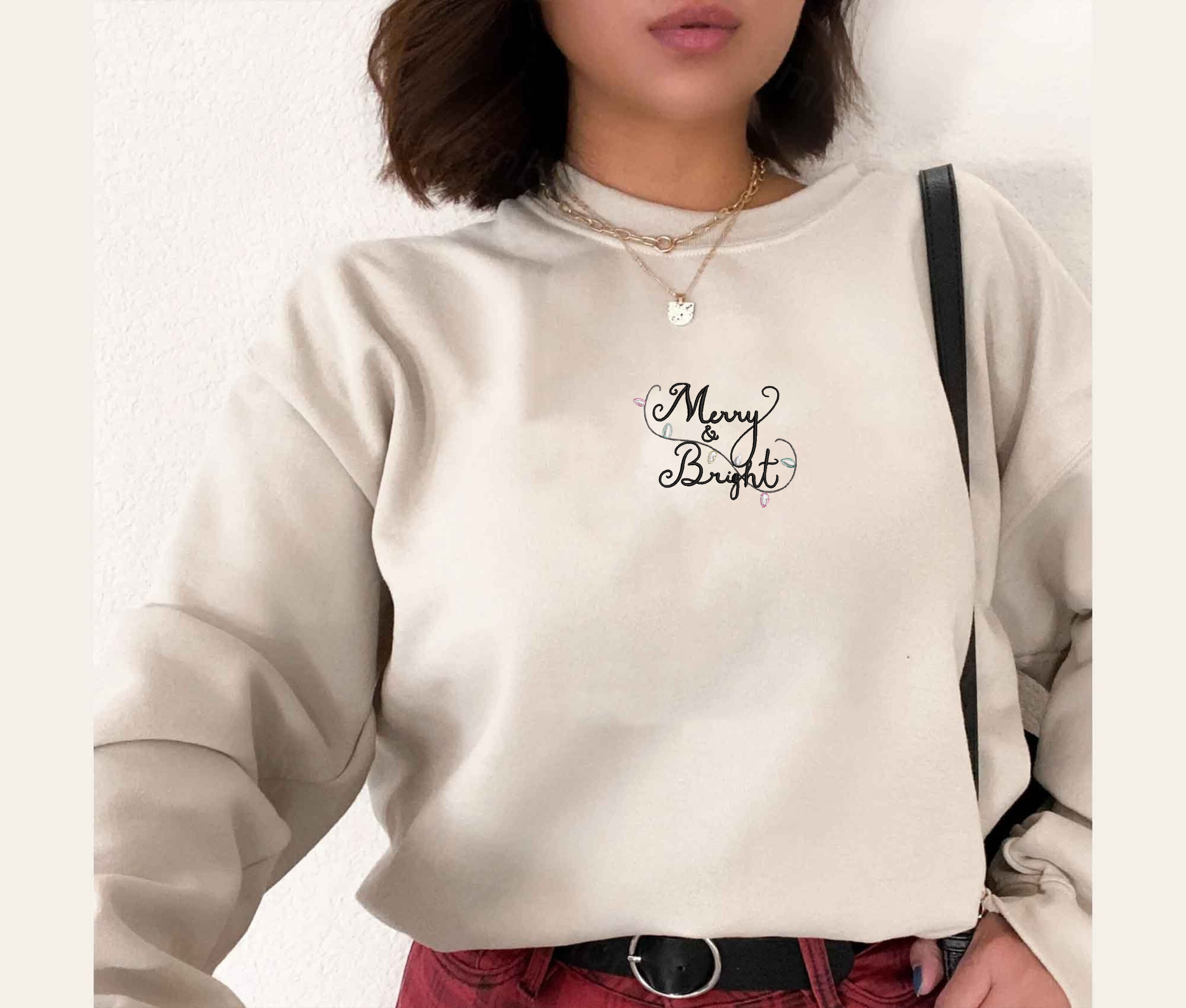 Merry & Bright Christmas Sweatshirt, Hoodie Embroidered - Embroly