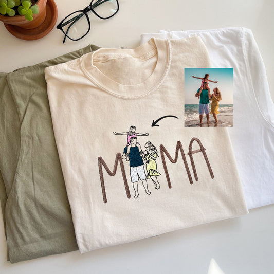 Mama Embroidered Shirt, Custom Embroidered Tee With Portrait From Your Photo, Mama Gift - Embroly