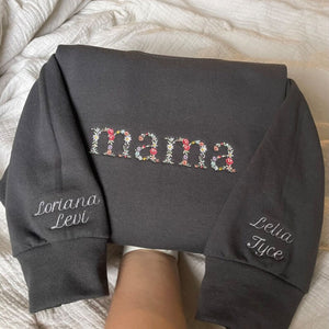Mama Floral Embroidery Sweatshirt, Embroidered Mama Crewneck With Kid's Name On Sleeve