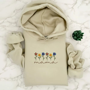 Mama With Flowers Garden Embroidered Hoodie, Customized Hoodie With Initial On Sleeve