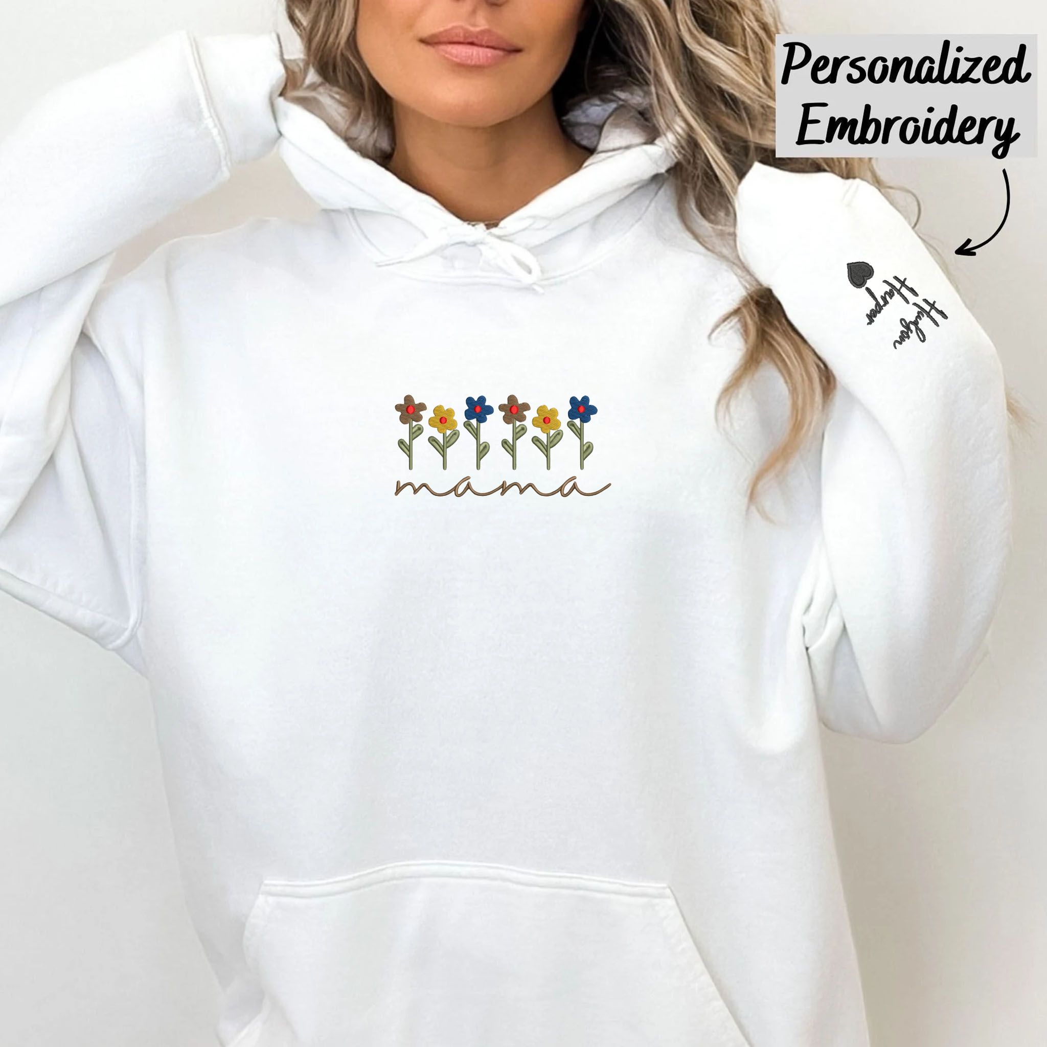 Custom Embroidered Mama Hoodie With Simple Embroidery Flower, Best Gift For  Mom, Personalized Hoodie With Initial On Sleeve - Embroly