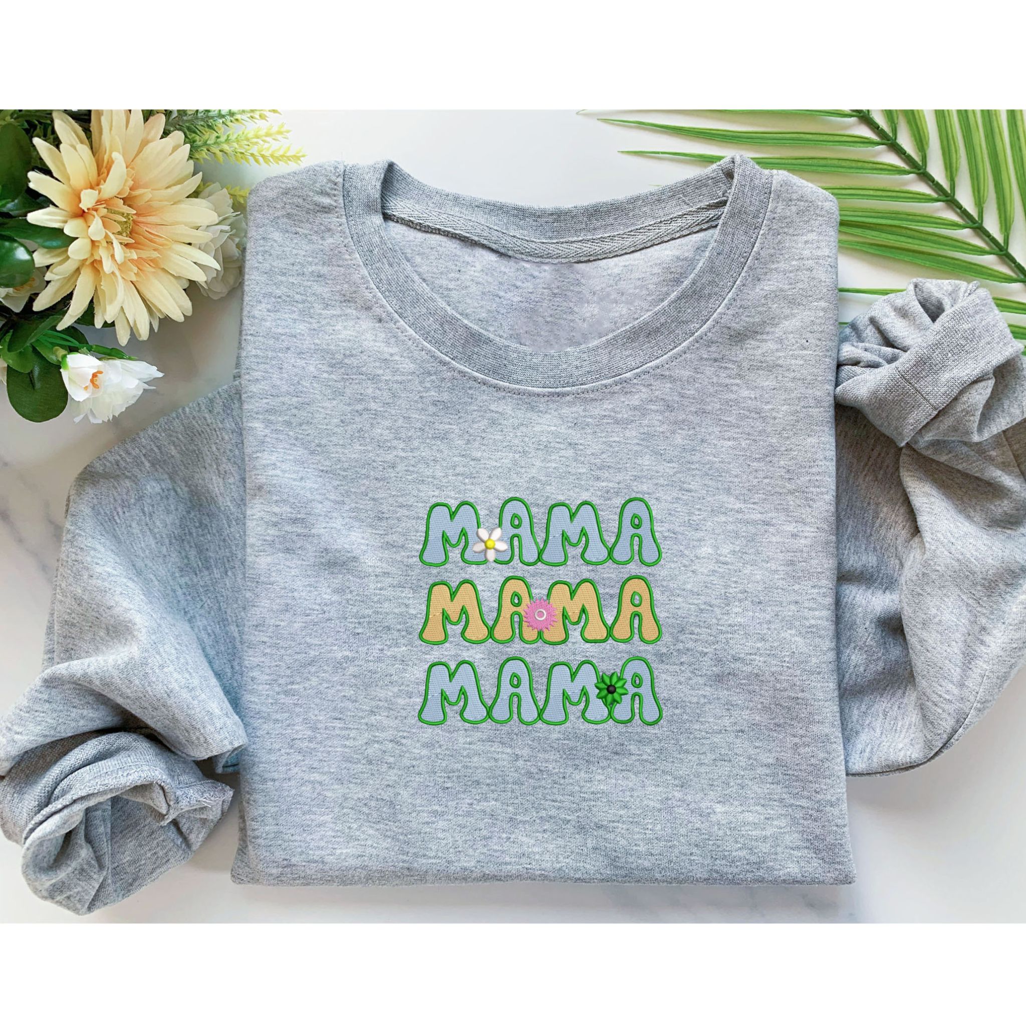 Customizable Floral Mama Sweatshirt, Embroidered Crewneck with Flower Letter, Mom Gifts Ideas Light Blue / M